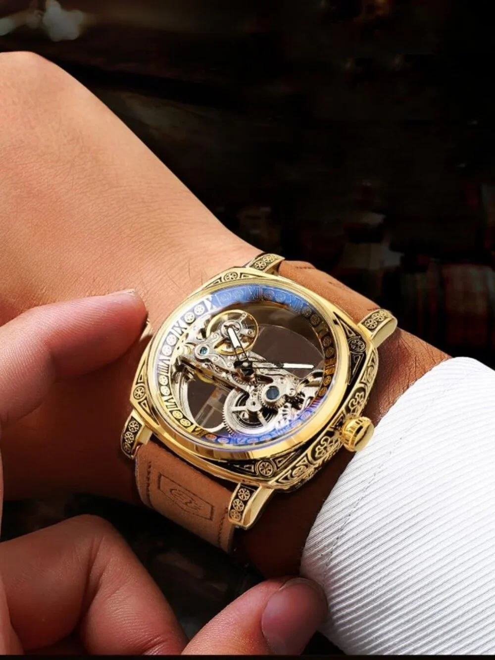 Luxury Mechanical Watch for Men, Retro Hollow Skeleton Design, Vintage Leather